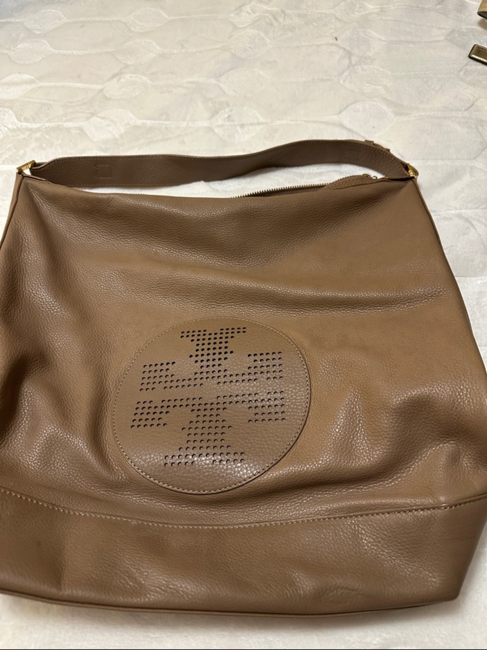 Tory Burch Camel Brown Perforated Logo Hobo